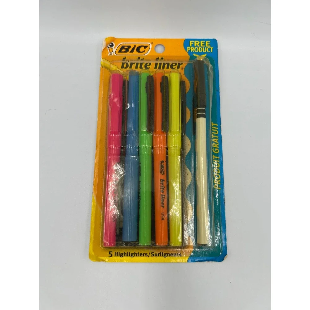 Vintage BIC Brite Liner Highlighters 5 Pack Plus Free Pen New 1991 Made in USA